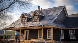 Homeowner inspecting roof from the ground while using binoculars near a ladder