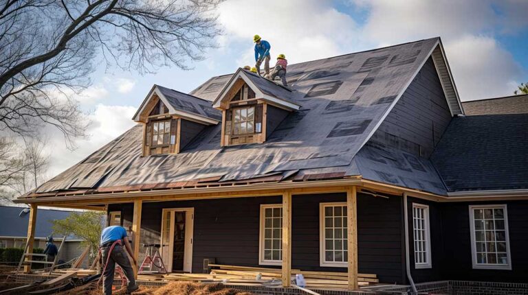 Homeowner inspecting roof from the ground while using binoculars near a ladder