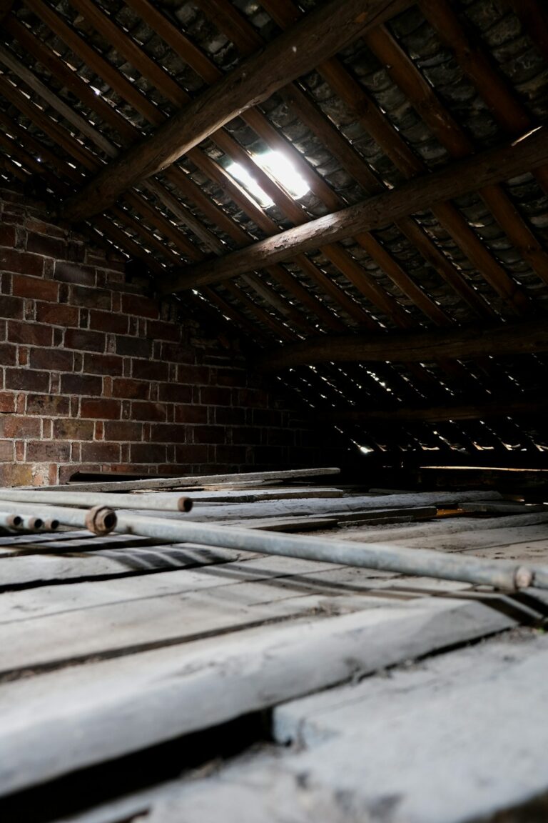 Homeowner viewing attic insulation and roof framing beneath a newly replaced residential roof.